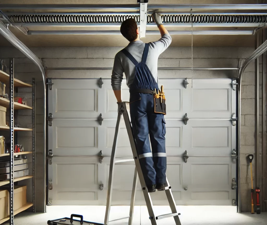 Technician tightening a horizontal garage door spring during a service in Baltimore