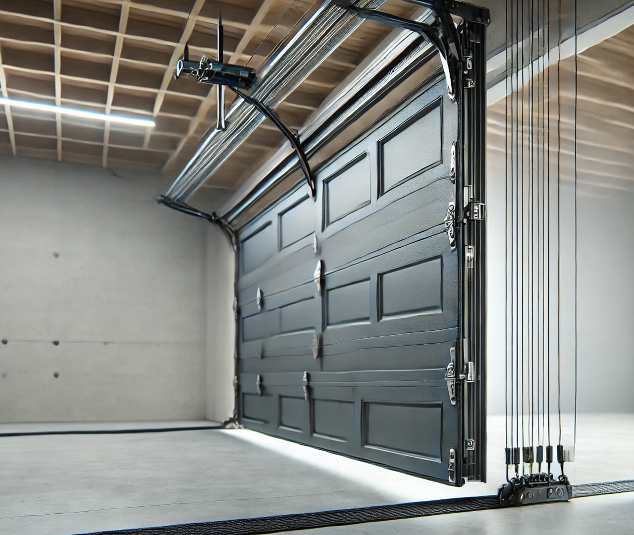 Garage door cable system running along the side tracks of a partially open garage door