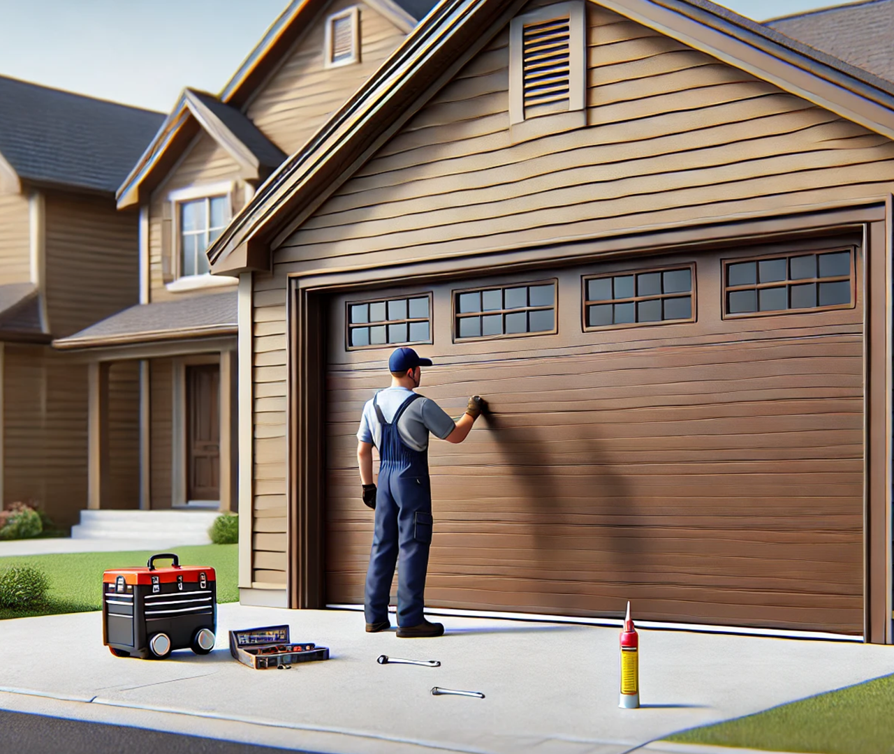 Close-up of tools used during garage door maintenance, including a wrench and lubricant, on a clean driveway