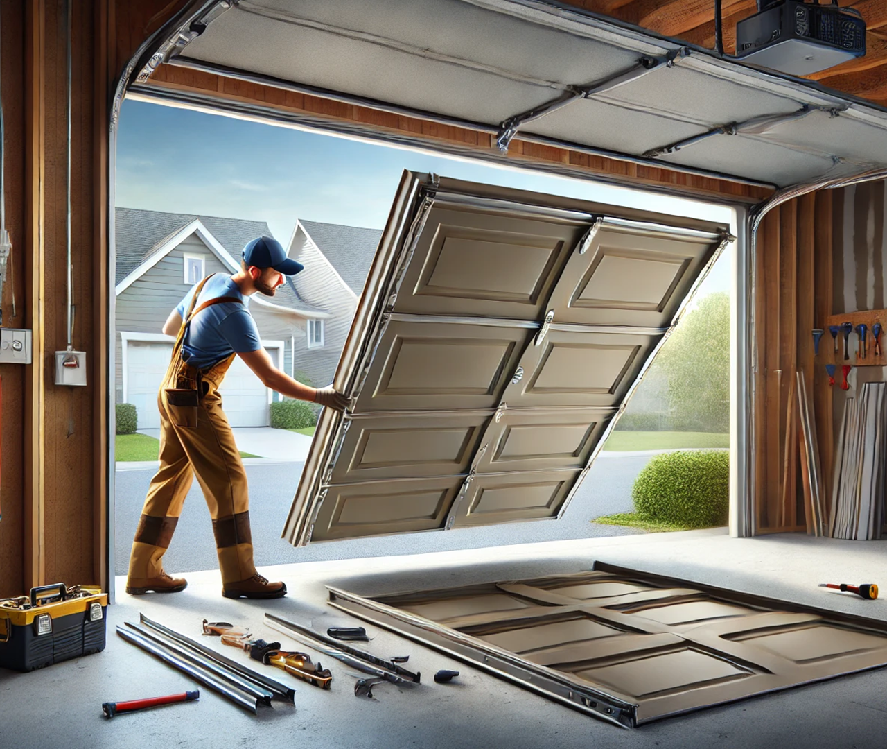 Garage door panel replacement in progress, showing a new panel being aligned and installed