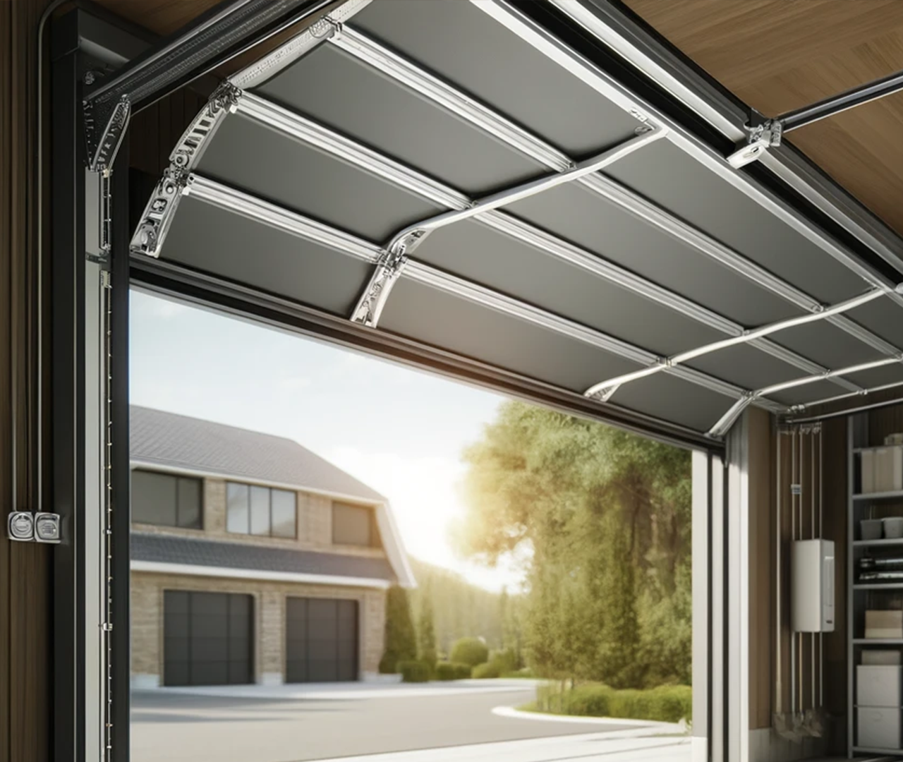 Horizontal garage door track system securely mounted to the ceiling in a residential garage